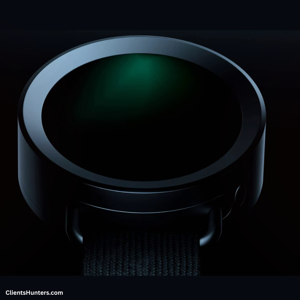 Close-up of the Allai Wearable-1 smartwatch prototype, featuring a sleek black circular face and eco-friendly textile strap.