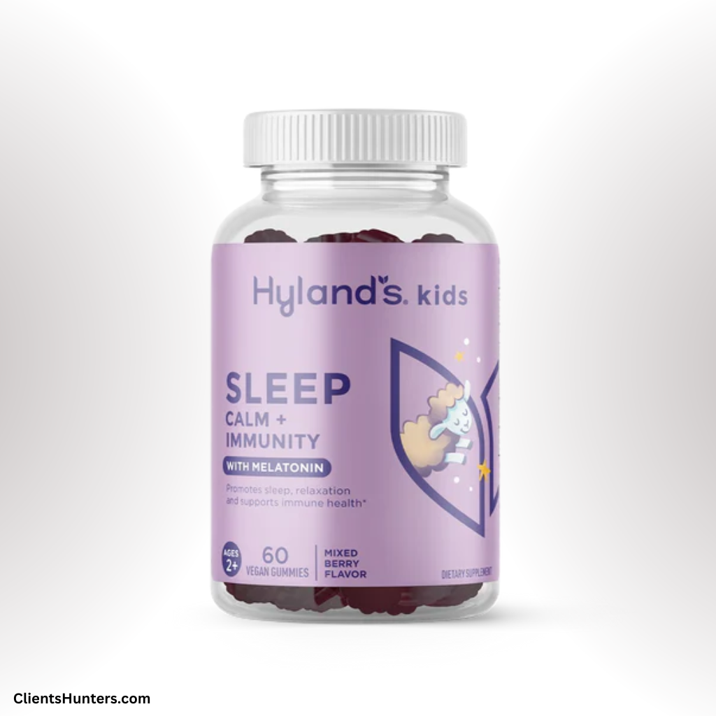 Bottle of Hyland’s Kids Sleep Calm + Immunity Gummies with melatonin in mixed berry flavor for children ages 2 and up.
