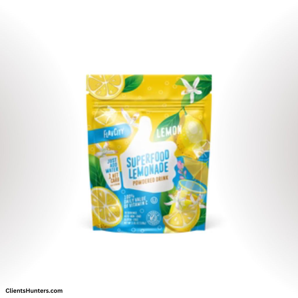 FlavCity Superfood Lemonade Powdered Drink in lemon flavor pouch