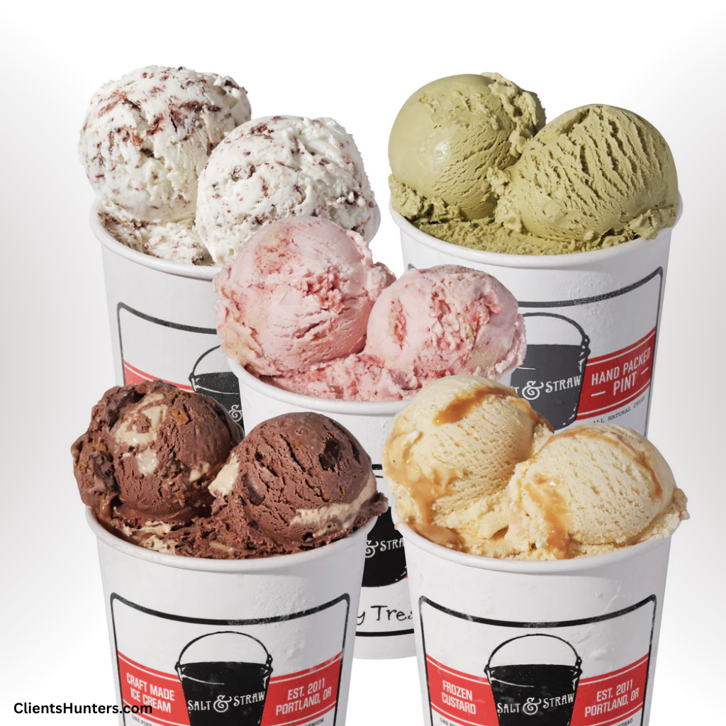 Five pints of Salt & Straw upcycled ice cream featuring colorful gourmet flavors made from rescued ingredients.
