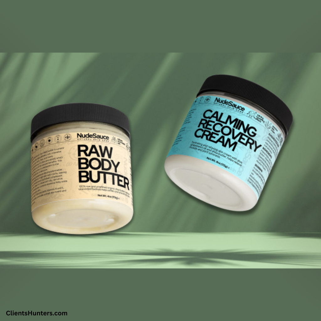 Two jars of NudeSauce skincare: Raw Body Butter and Calming Recovery Cream on a green background