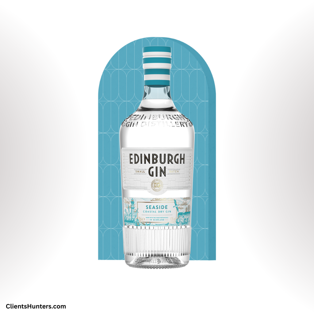 Bottle of Edinburgh Gin Seaside Coastal Dry Gin against a blue patterned background