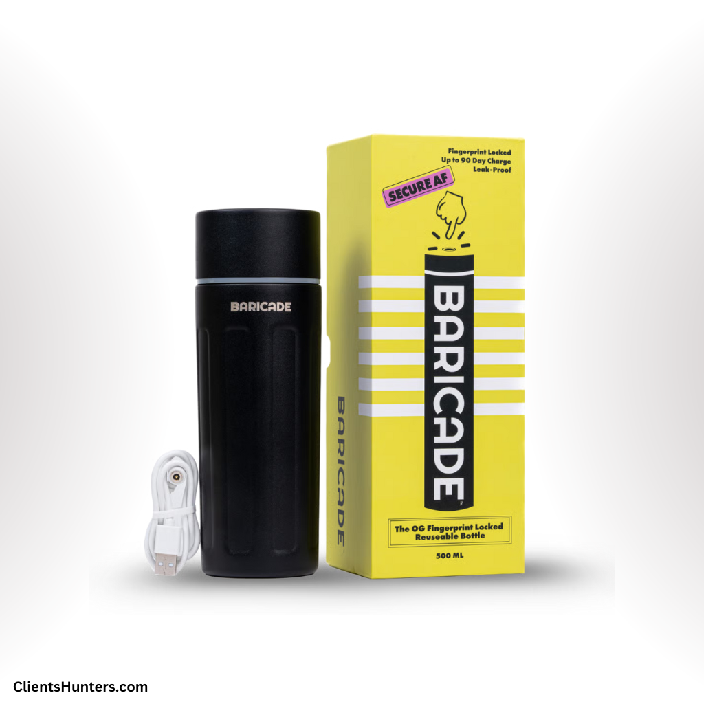 Baricade fingerprint-locked reusable bottle with tamper-proof Twist Cap and secure packaging
