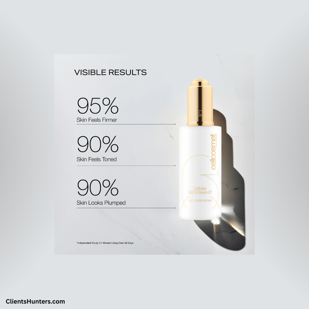CellLift Serum-XT bottle with clinical results showing 95% firmer, 90% toned, and 90% plumped skin