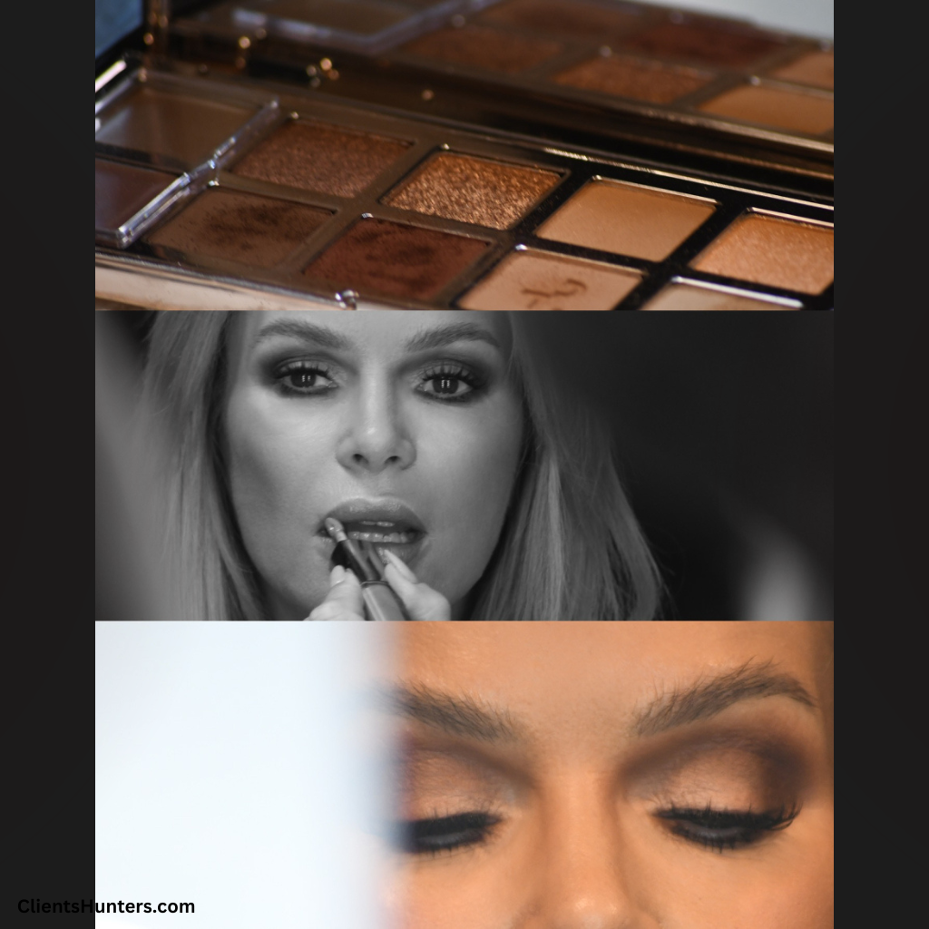 Amanda Holden applies lipstick and showcases eyeshadow palette from ALH Beauty launch.
