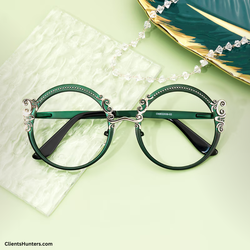 Vooglam round green eyeglasses with ornate silver detailing on a pastel backdrop.
