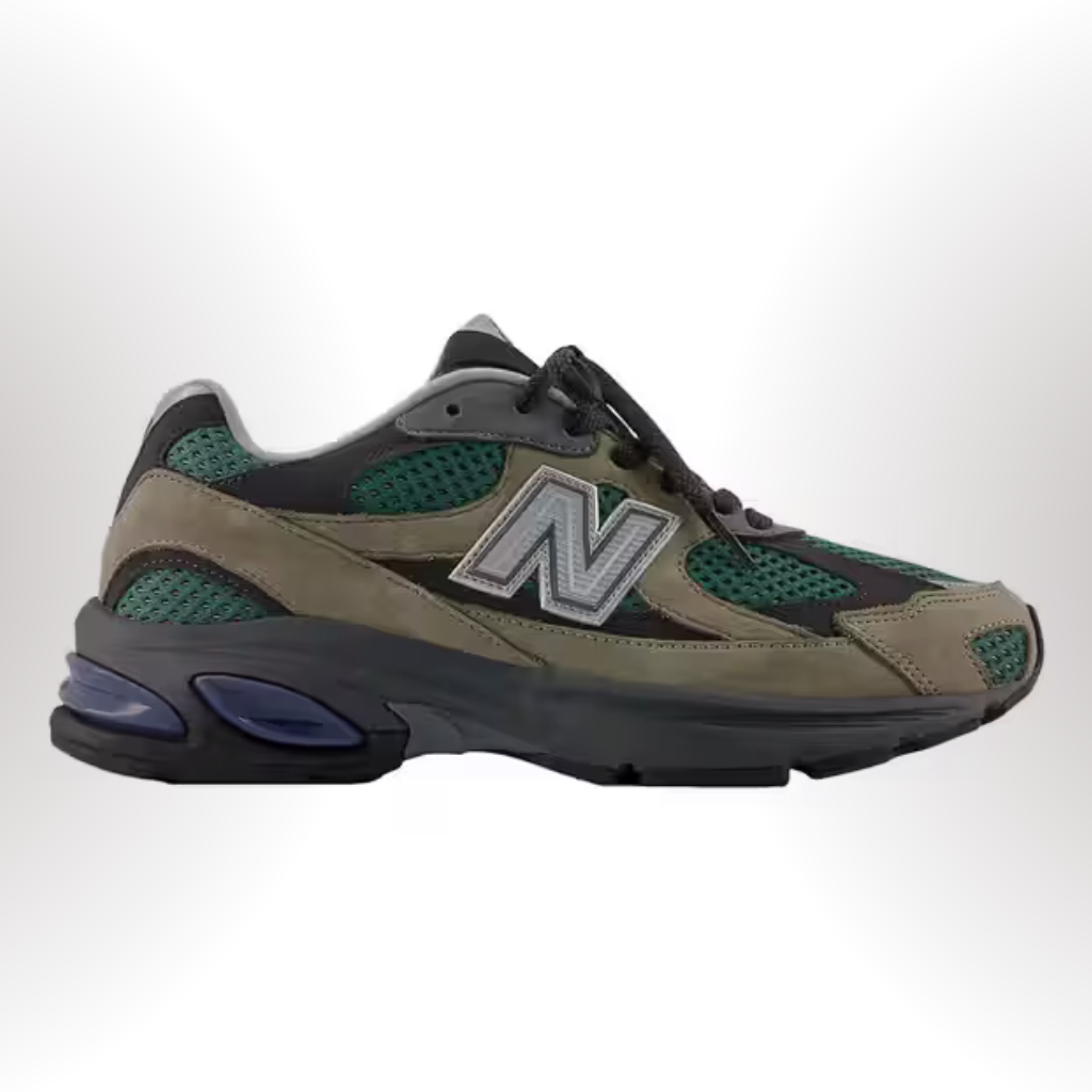 New Balance 2010 sneaker in vintage khaki and deep green mesh with suede overlays, featuring a chunky sole and ABZORB cushioning.