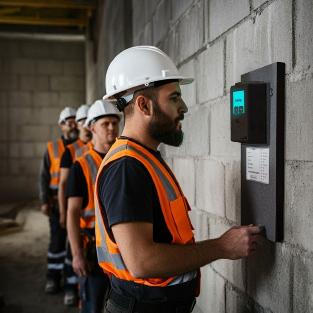 Construction workers in safety vests and helmets line up to use a contactless alcohol screening device on a job site.