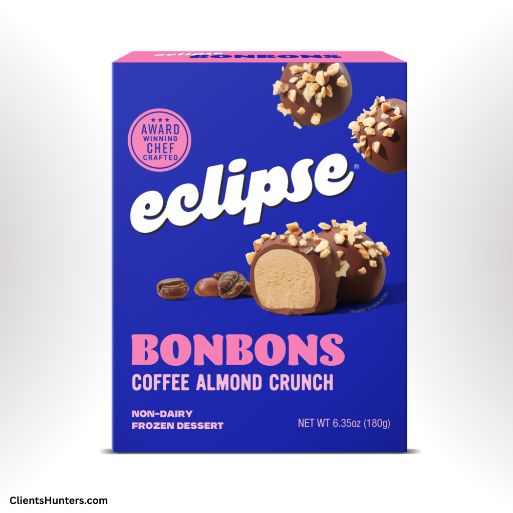 Box of Eclipse Bonbons Coffee Almond Crunch, a non-dairy frozen dessert with chopped nuts and creamy
