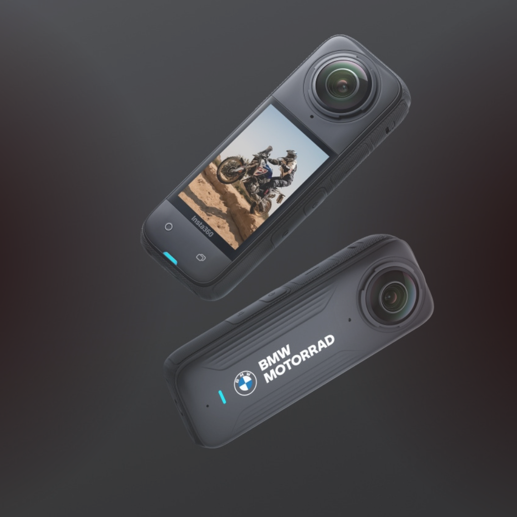 Insta360 X5 action camera featuring BMW Motorrad edition, showcasing a dirt bike adventure on the screen.