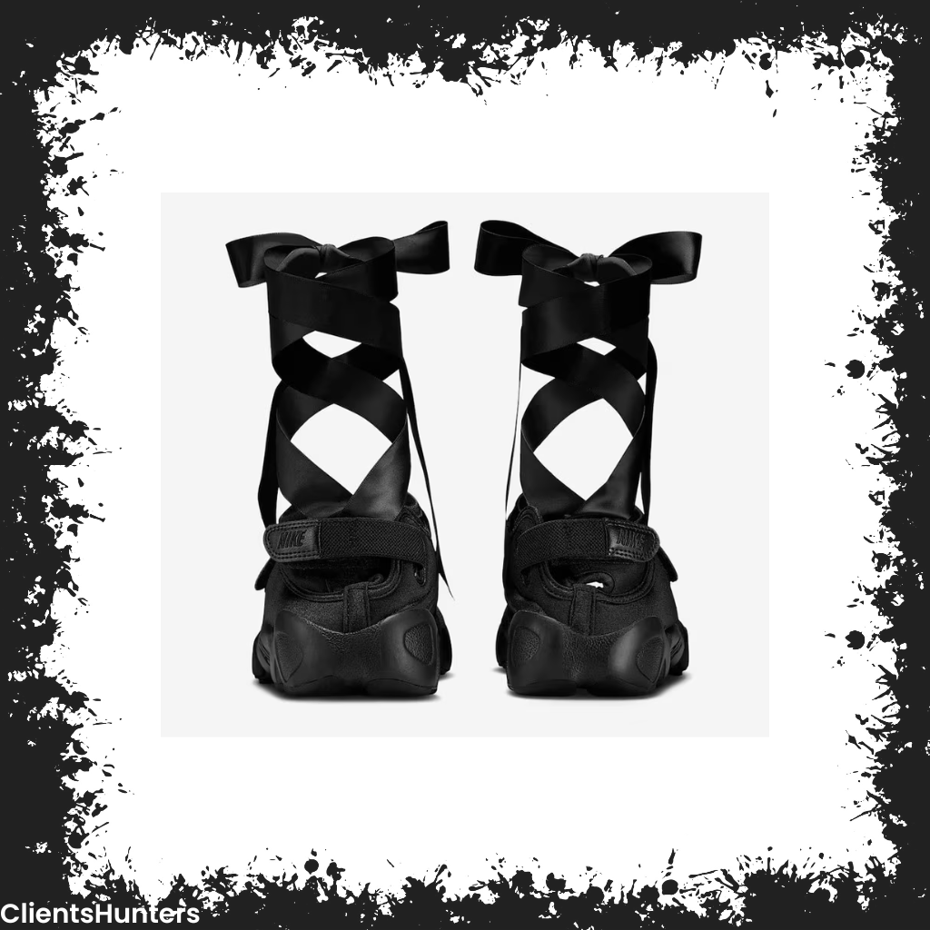 Back view of Nike’s Air Rift "Black Swan" women’s split-toe sneakers with black satin ribbons tied around the ankle.