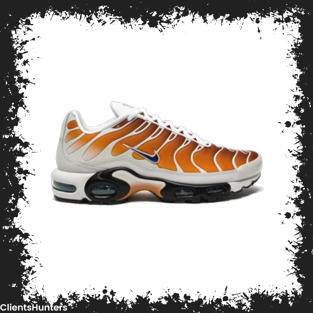 Orange and white Nike Air Max Plus sneakers with a bold gradient design, exclusive to the "On Rotation" store.