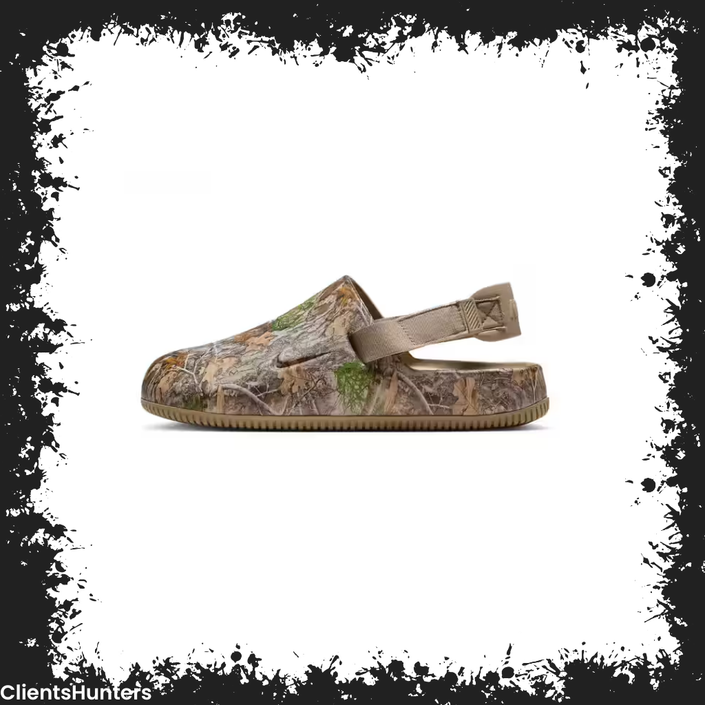 Side view of Nike Calm Mule "Realtree" camo slide with adjustable strap