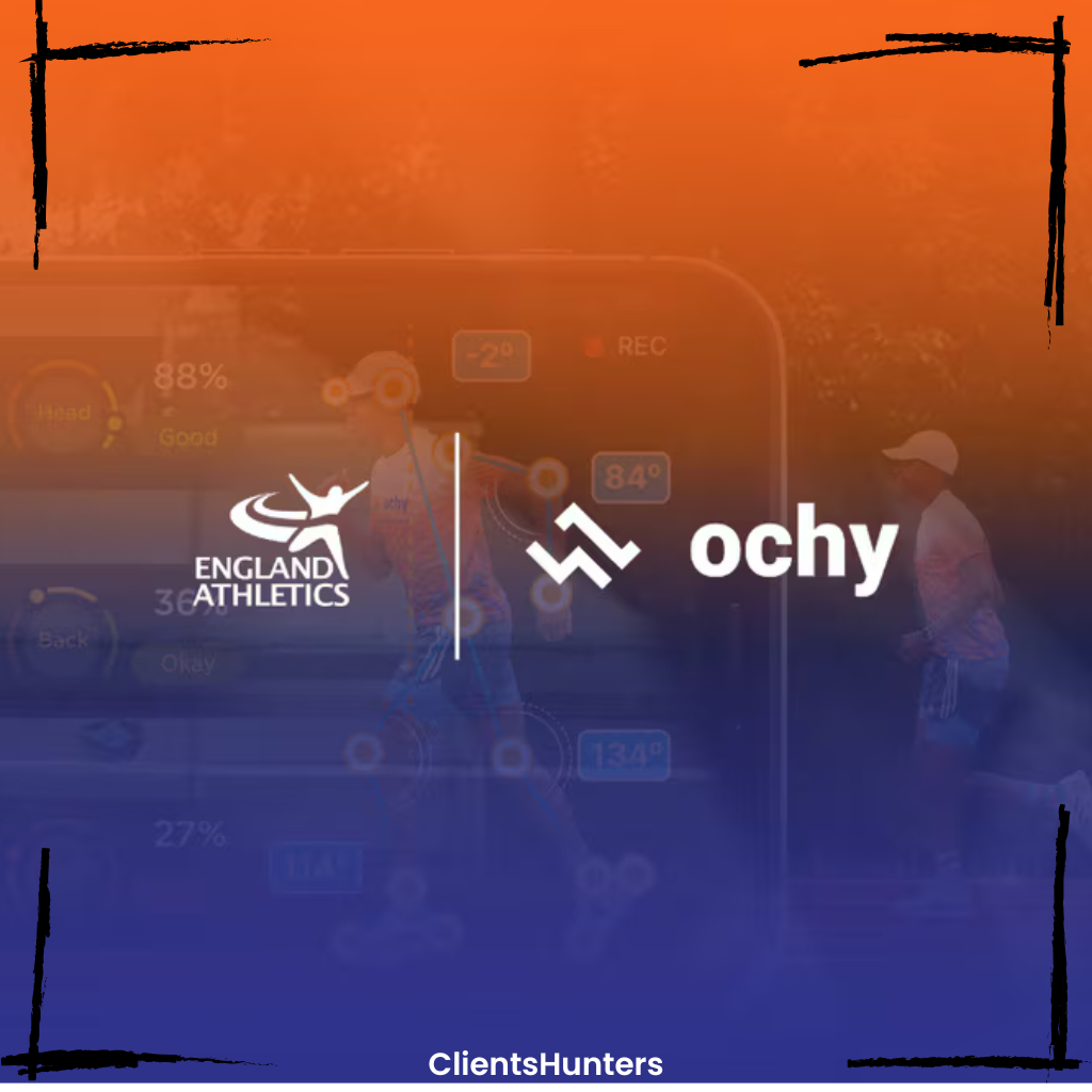 Logos of England Athletics and Ochy on a gradient background, symbolizing their partnership in AI-driven running analysis.
