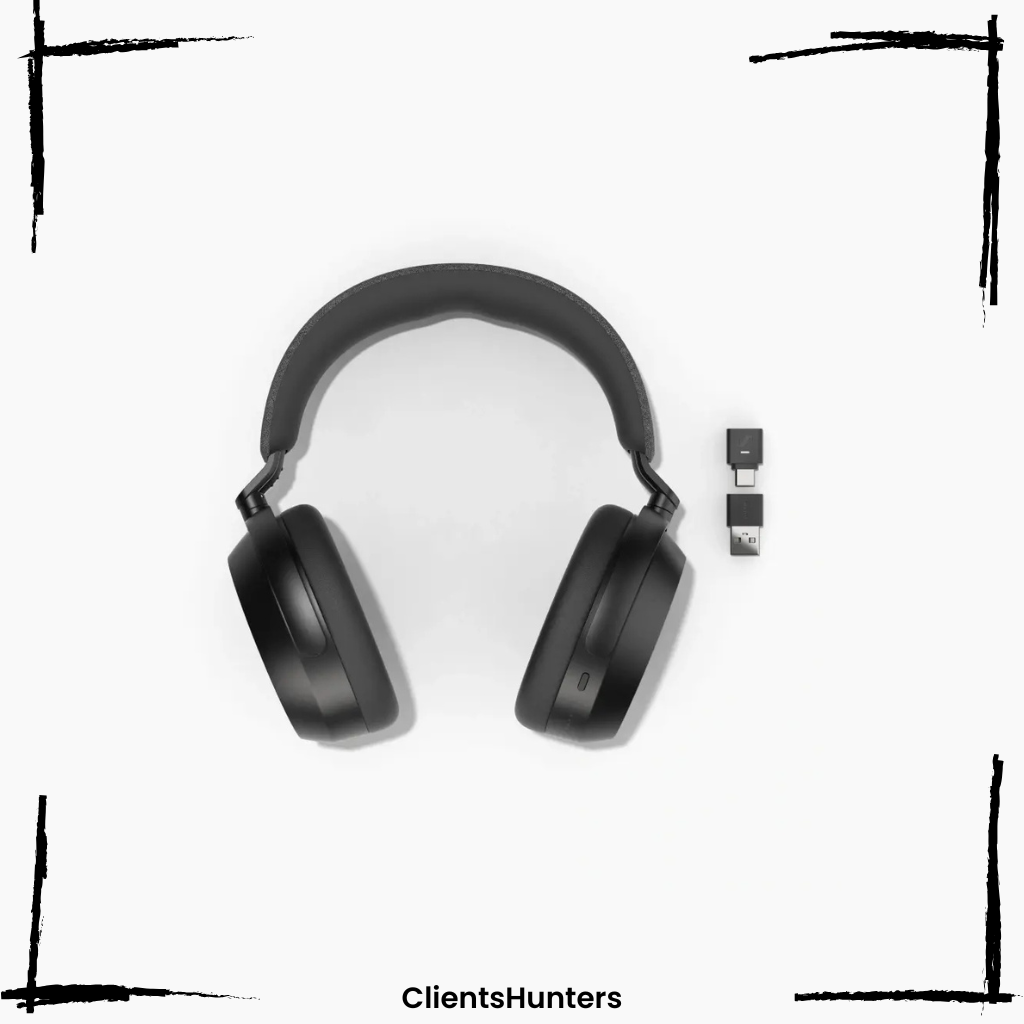 Sennheiser BTD 700 USB dongle with over-ear wireless headphones and USB adapters on white background with black corner frame.