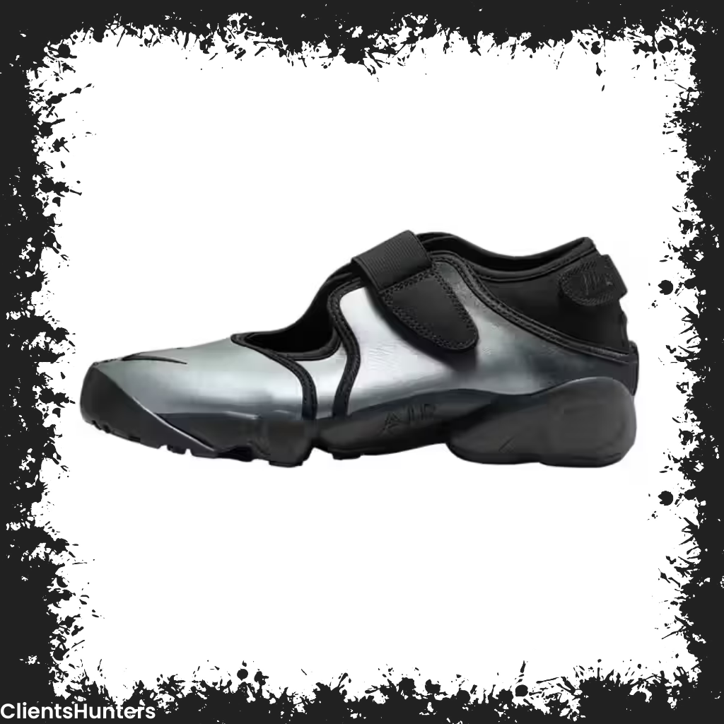 Nike Women's Air Rift in Metallic Silver/Black featuring split-toe design and adjustable Velcro straps.