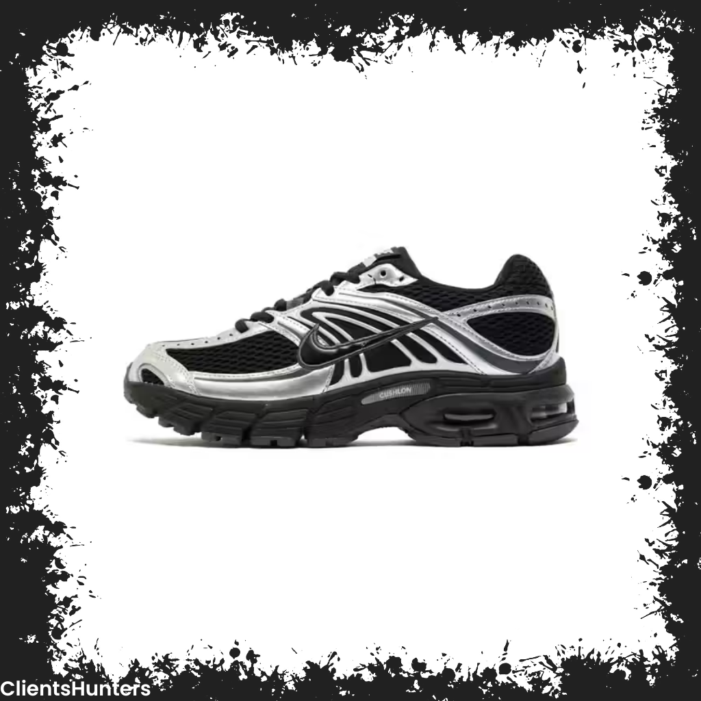 Nike Moto 2K sneaker in shiny silver and black with Y2K design.