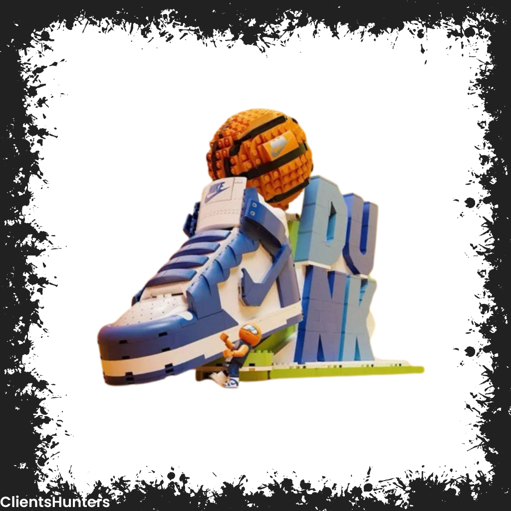 LEGO-built Nike Dunk sneaker with basketball and LEGO player figure.