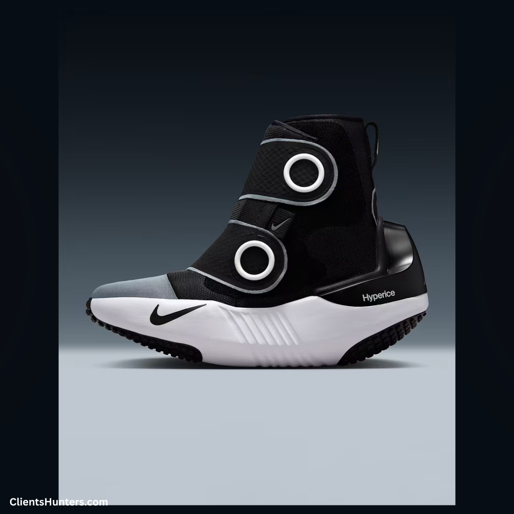 Nike Hyperboot side view showing black and white recovery shoe with dual circular massage modules.